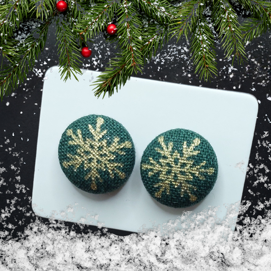 Metallic Snowflake Fabric Button Stud Earrings