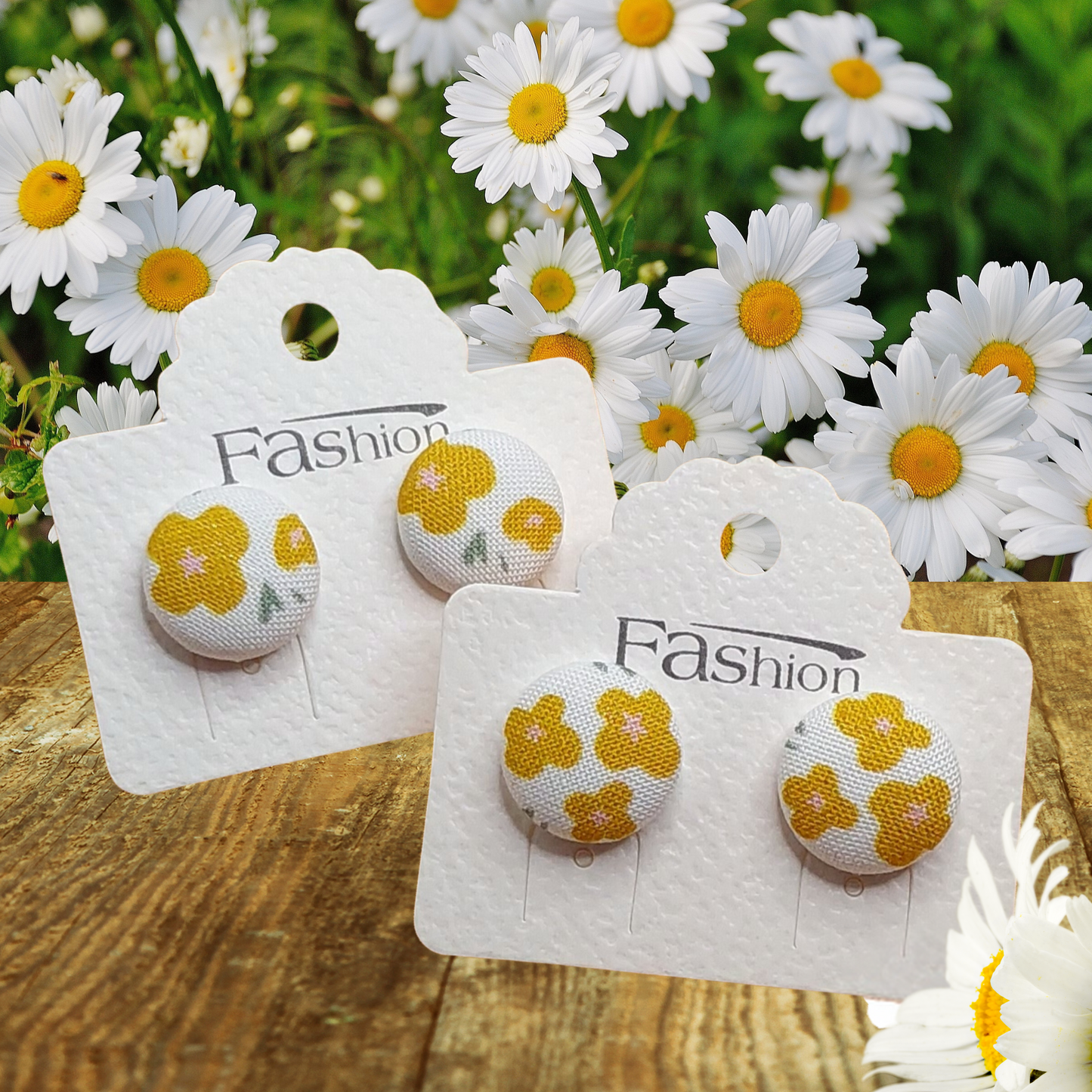 Mustard Blossoms Fabric Button Stud Earrings (16mm)