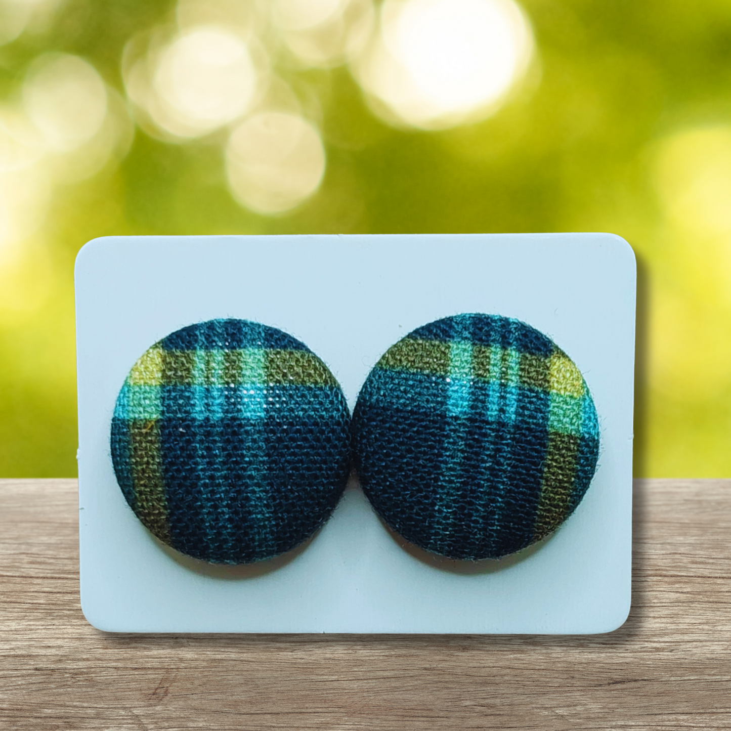 Navy-Green Plaid Fabric Button Stud Earrings (16mm)