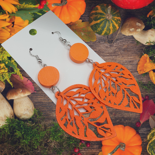 Orange Wood Leaf Dangle Earrings