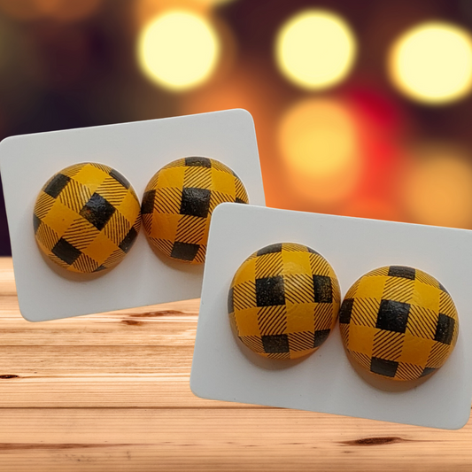 Orange & Black Plaid Wood Stud Earrings (15mm)