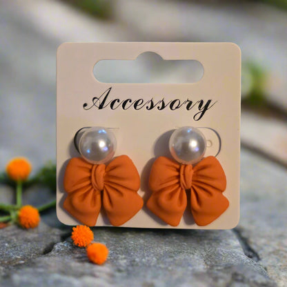 Orange Bows & Pearls Earrings