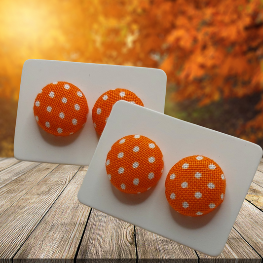 Orange & White Polka Dot Fabric Button Stud Earrings (13mm)