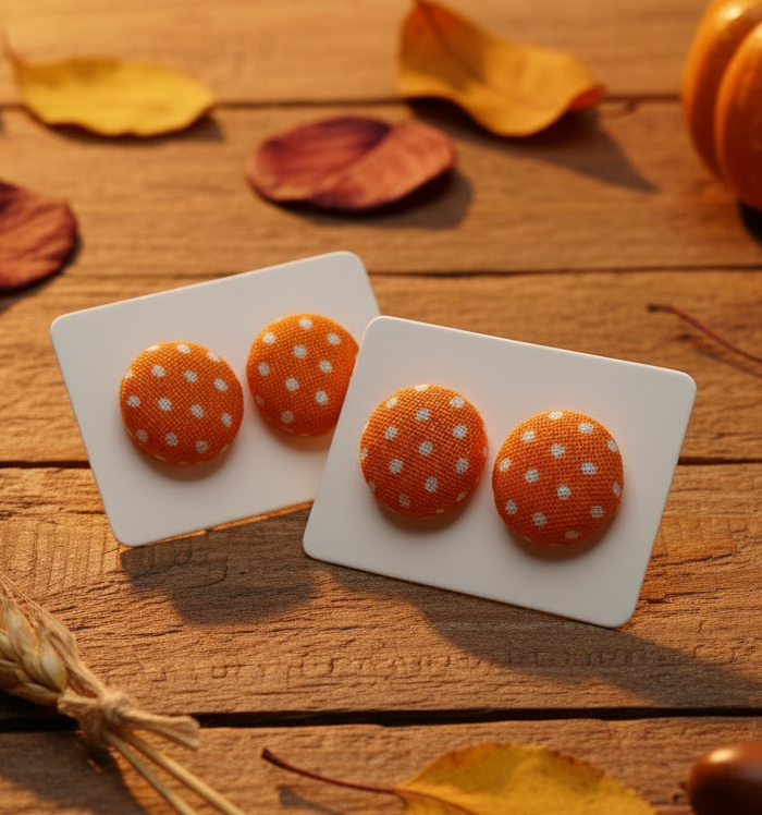 Orange & White Polka Dot Fabric Button Earrings (13mm)