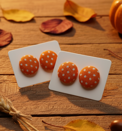 Orange & White Polka Dot Fabric Button Earrings (13mm)