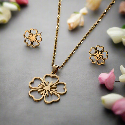 Stainless Steel Flower Necklace & Earring Set