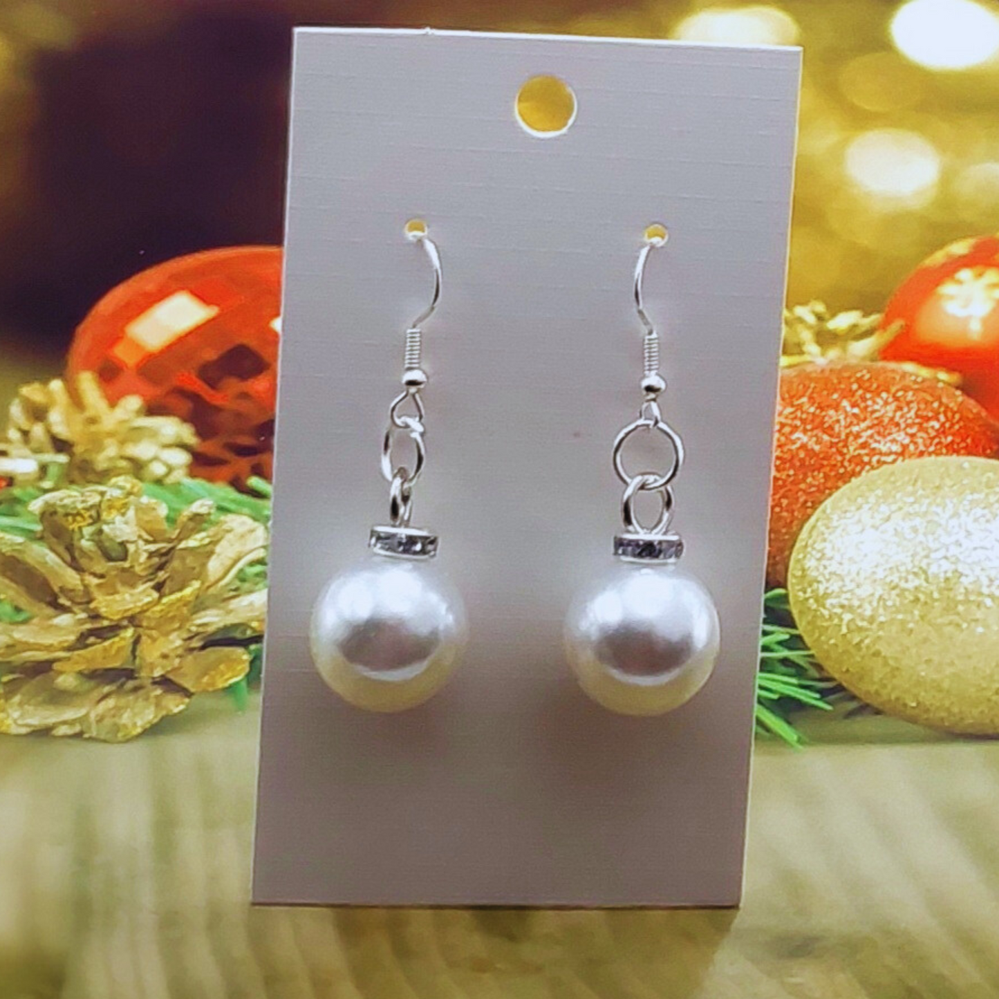 Pearl White Ball Ornament Dangle Earrings with Rhinestones