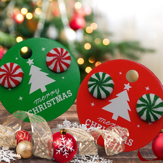 Merry Christmas Gift Tag with 13mm Fabric Button Peppermint Earrings