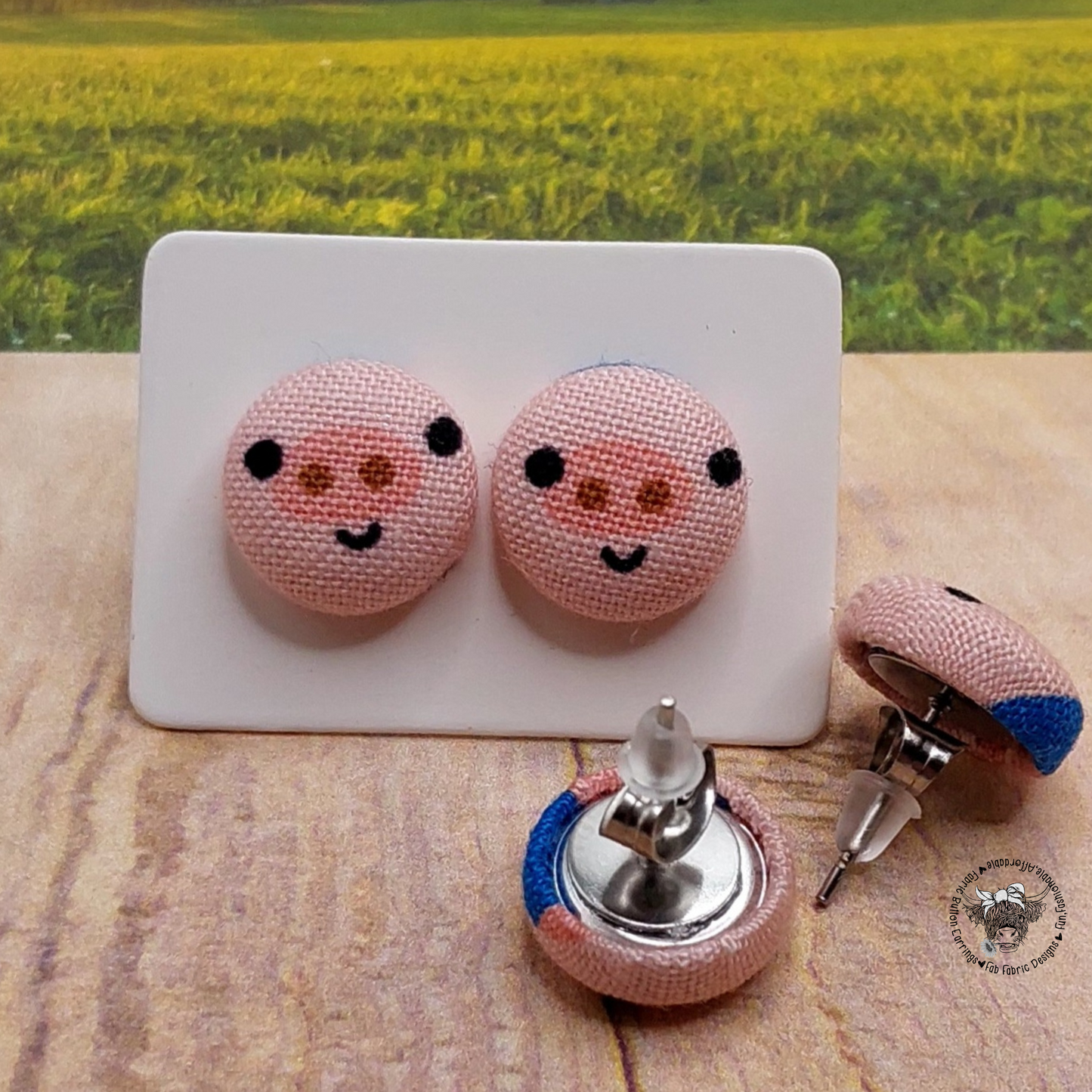 Piggy Face Fabric Button Stud Earrings (13mm)