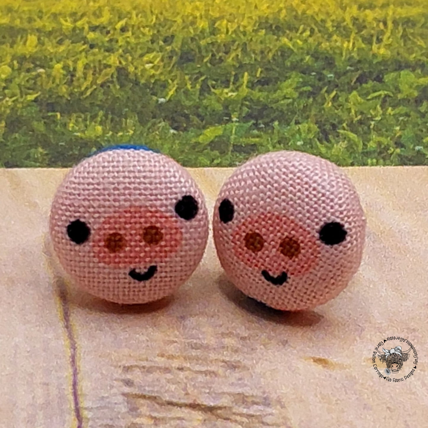 Piggy Face Fabric Button Stud Earrings (13mm)