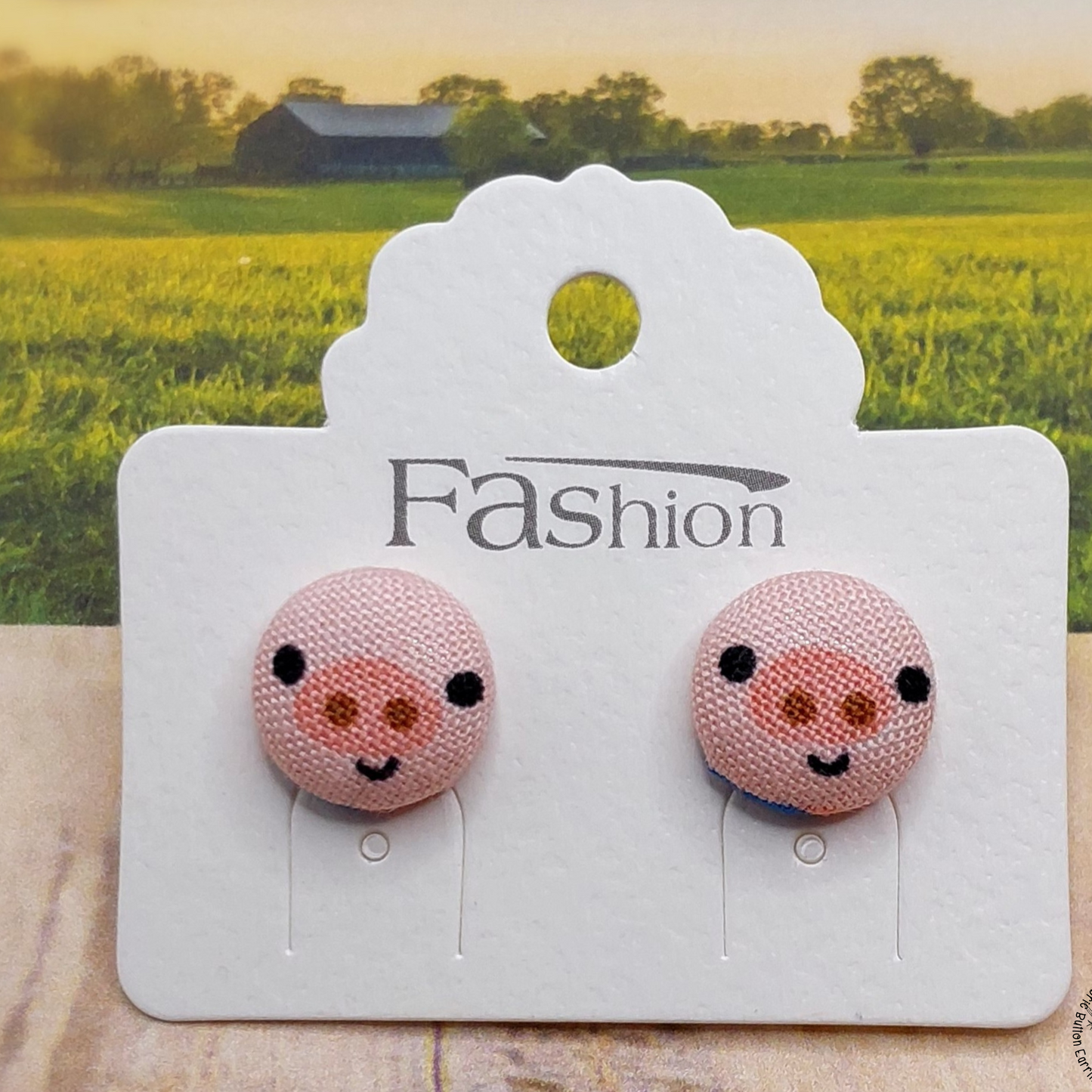 Piggy Face Fabric Button Stud Earrings (13mm)