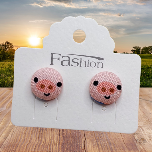 Piggy Face Fabric Button Stud Earrings (13mm)