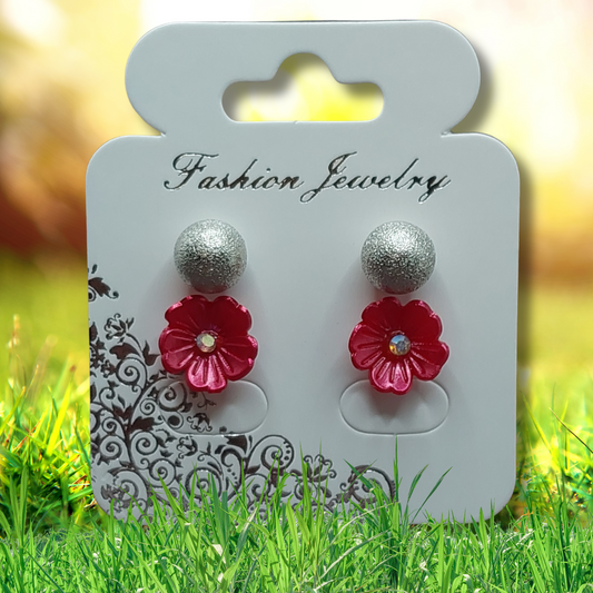 Pink Rhinestone Flower & Frosted Silver Ball Stud Earring Set