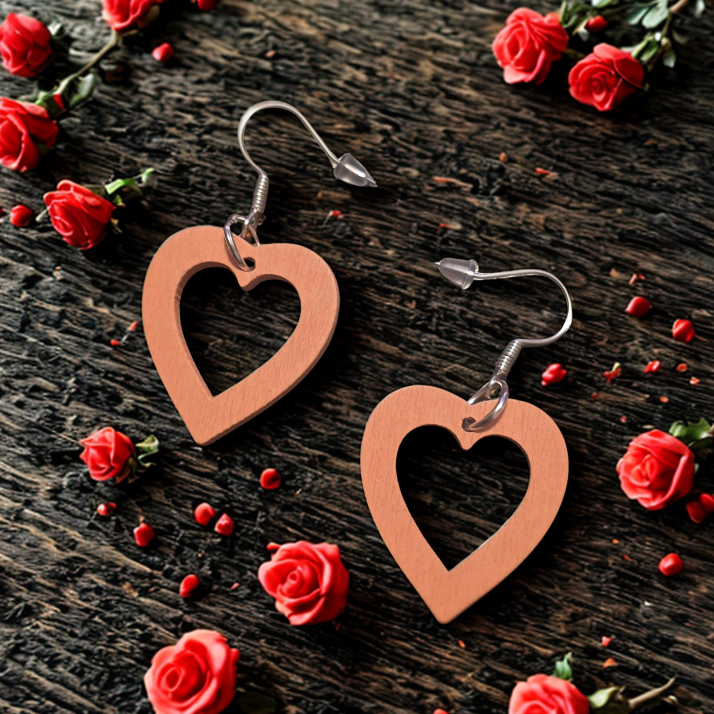 Pink Wood Heart Dangle Earrings