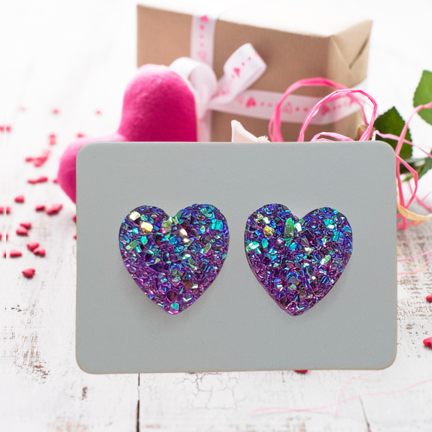 Purple Glittery Heart Earrings (10mm)