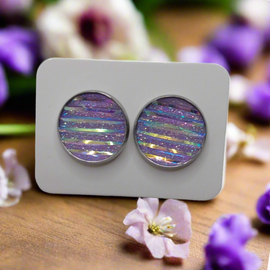 Purple Sparkle & Stripes Earrings (14mm)