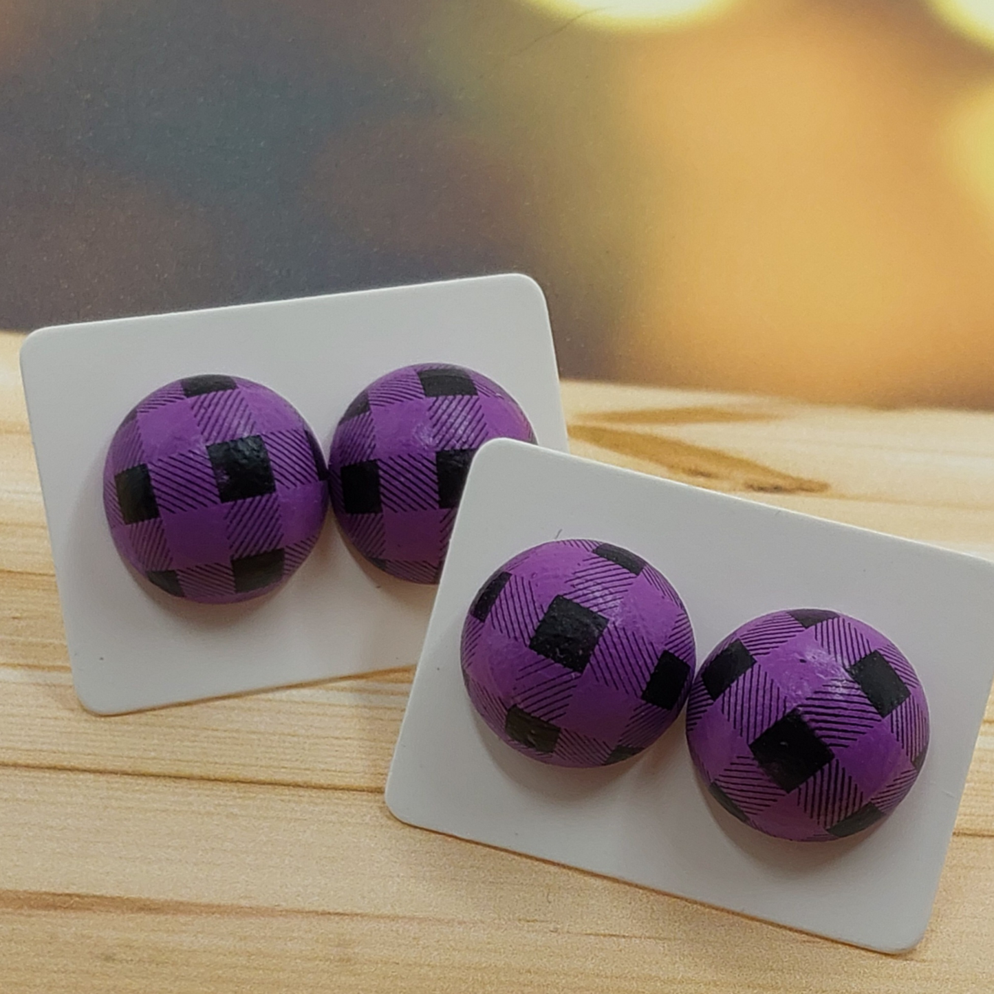 Purple & Black Plaid Wood Stud Earrings (15mm)