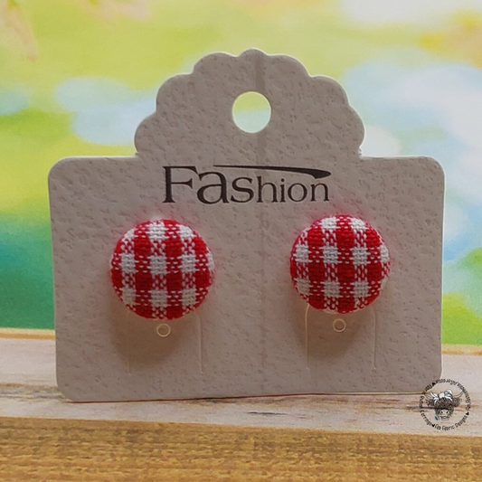 Red Gingham Fabric Button Stud Earrings (13mm)