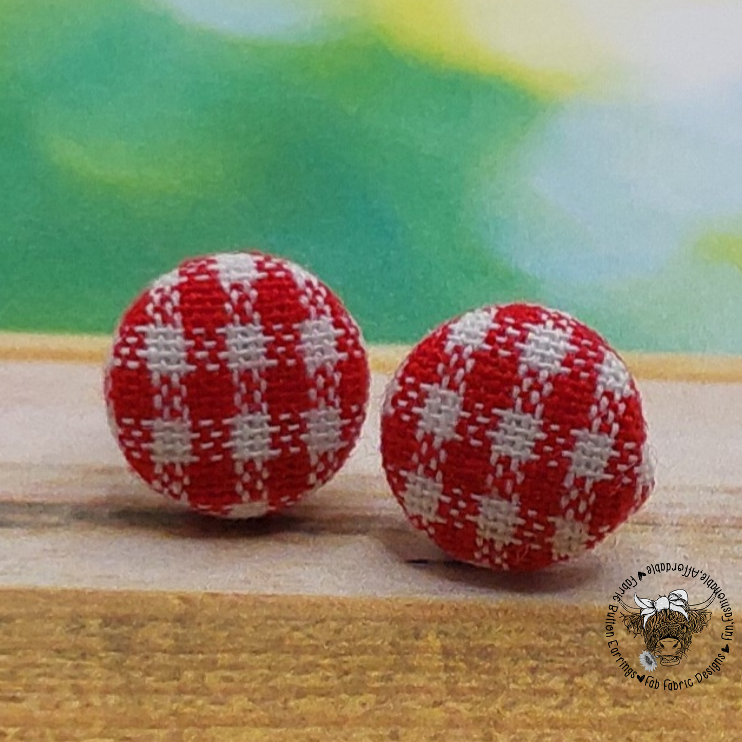 Red Gingham Fabric Button Stud Earrings (13mm)