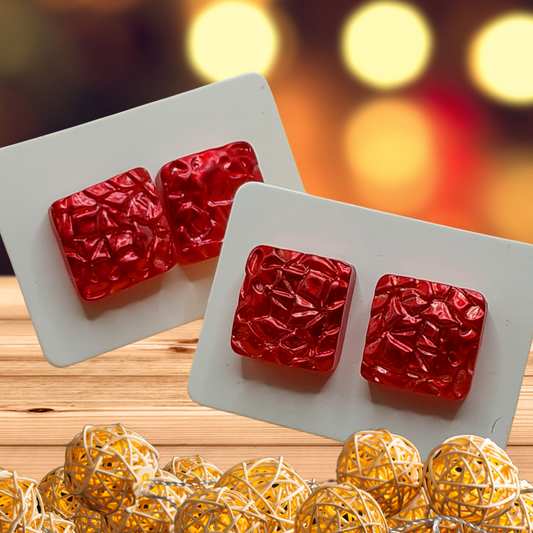 Red Pearlescent Textured Square Earrings (12mm)