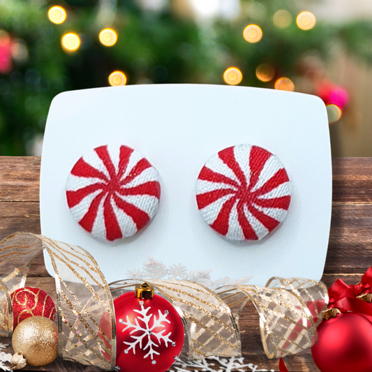 Red Peppermint Fabric Button Stud Earrings (13mm)