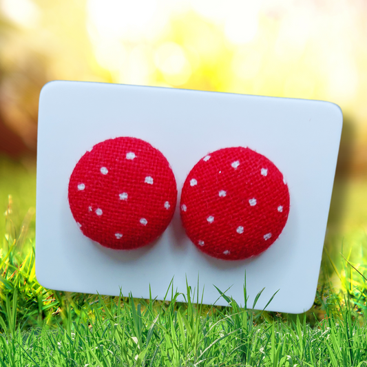 Red Pin Dot Fabric Button Stud Earrings (13mm)