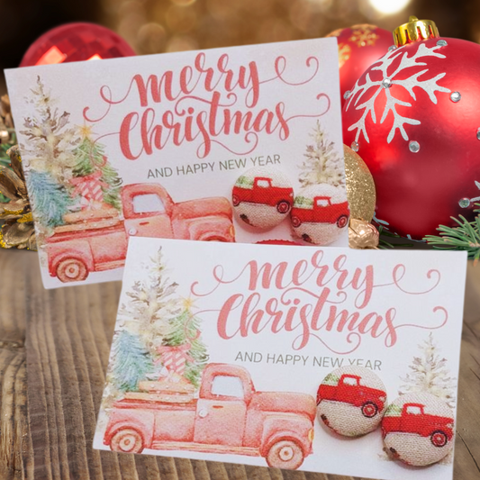 Red Truck - Merry Christmas and Happy New Year Card with Earrings