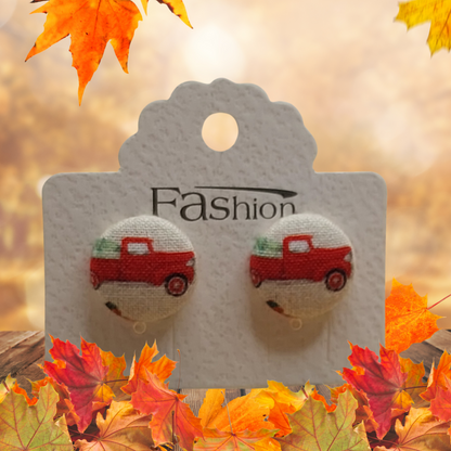 Red Truck Fabric Button Stud Earrings (16mm)