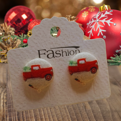 Red Truck Fabric Button Stud Earrings (16mm)