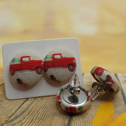 Red Truck Fabric Button Stud Earrings (16mm)