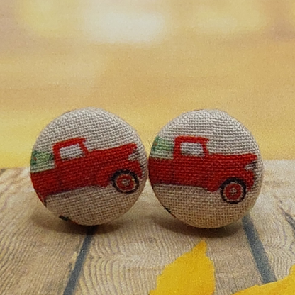 Red Truck Fabric Button Stud Earrings (16mm)
