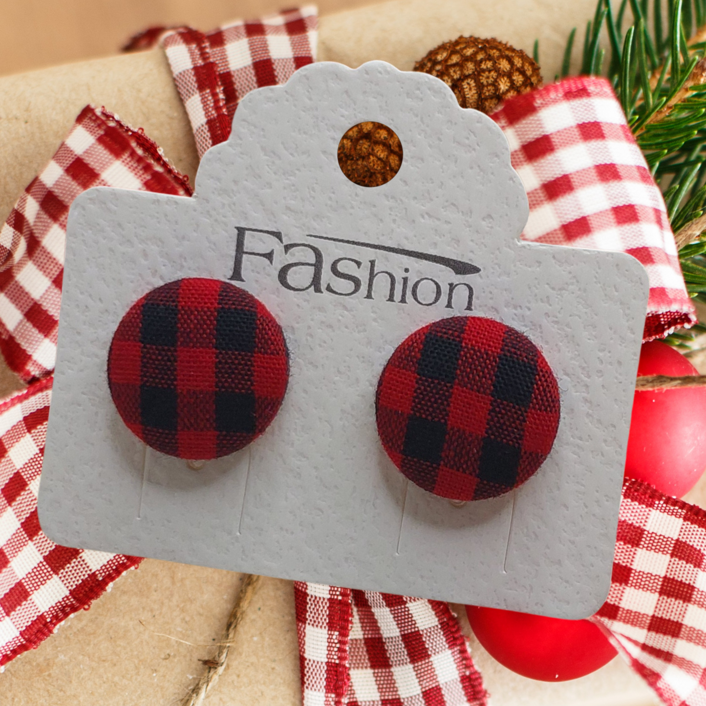 Red & Black Plaid Fabric Button Stud Earrings (16mm)
