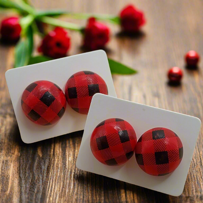 Red & Black Plaid Wood Stud Earrings (15mm)
