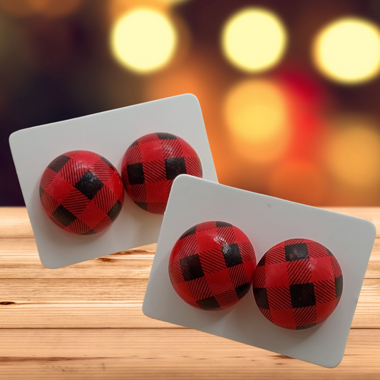 Red & Black Plaid Wood Stud Earrings (15mm)