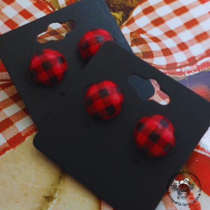 Red & Black Plaid Wood Stud Earrings (15mm)