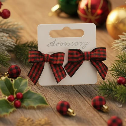 Red & Black Plaid Ribbon Bow Earrings