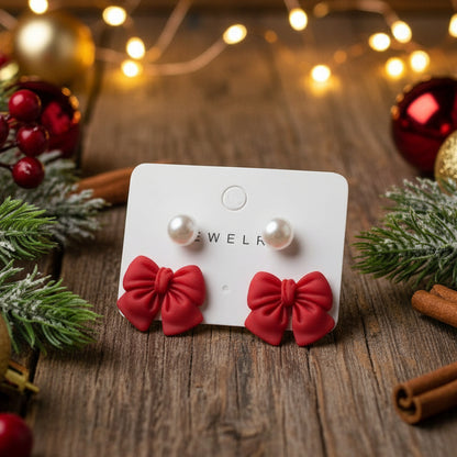 Red Bows & Pearls Earrings