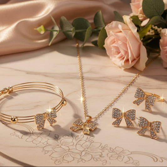 Rhinestone Bow Four Piece Jewelry Set