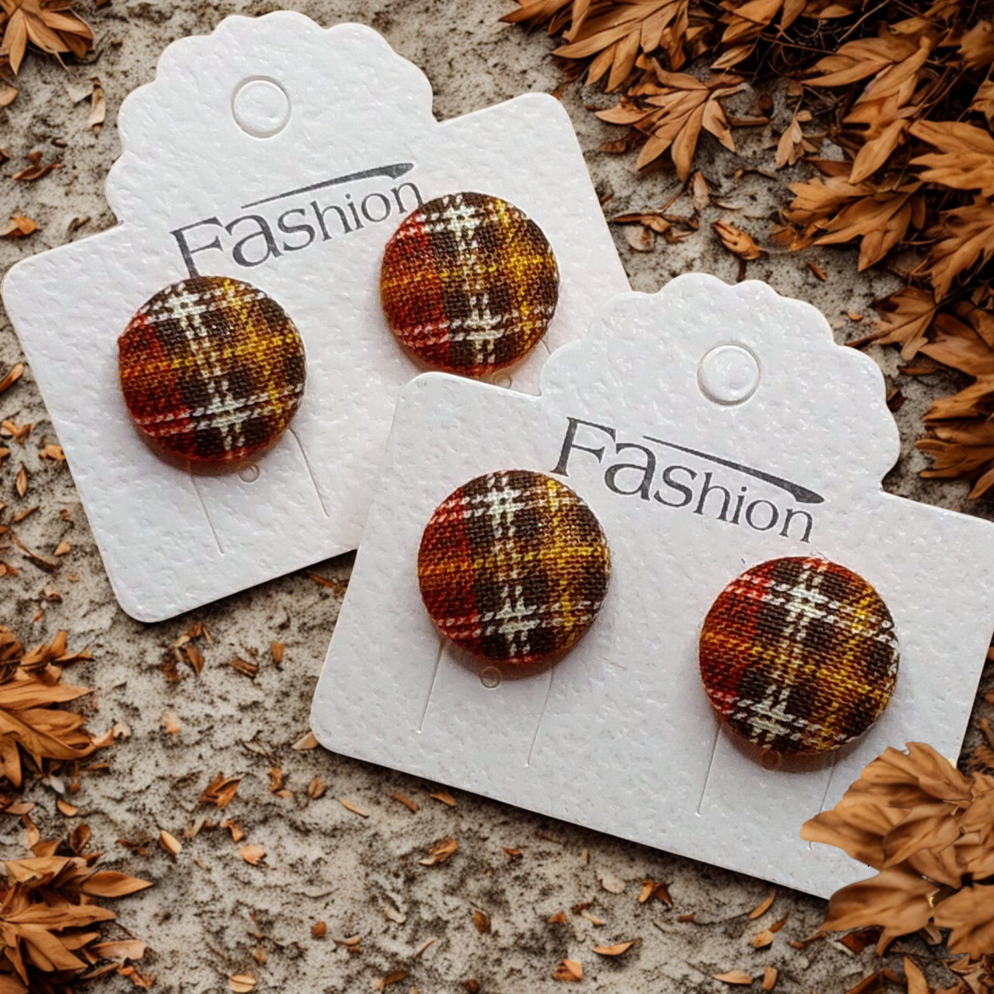 Rust Plaid Fabric Button Earrings (16mm)