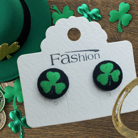 Shamrocks on Black Fabric Button Stud Earrings (13mm)