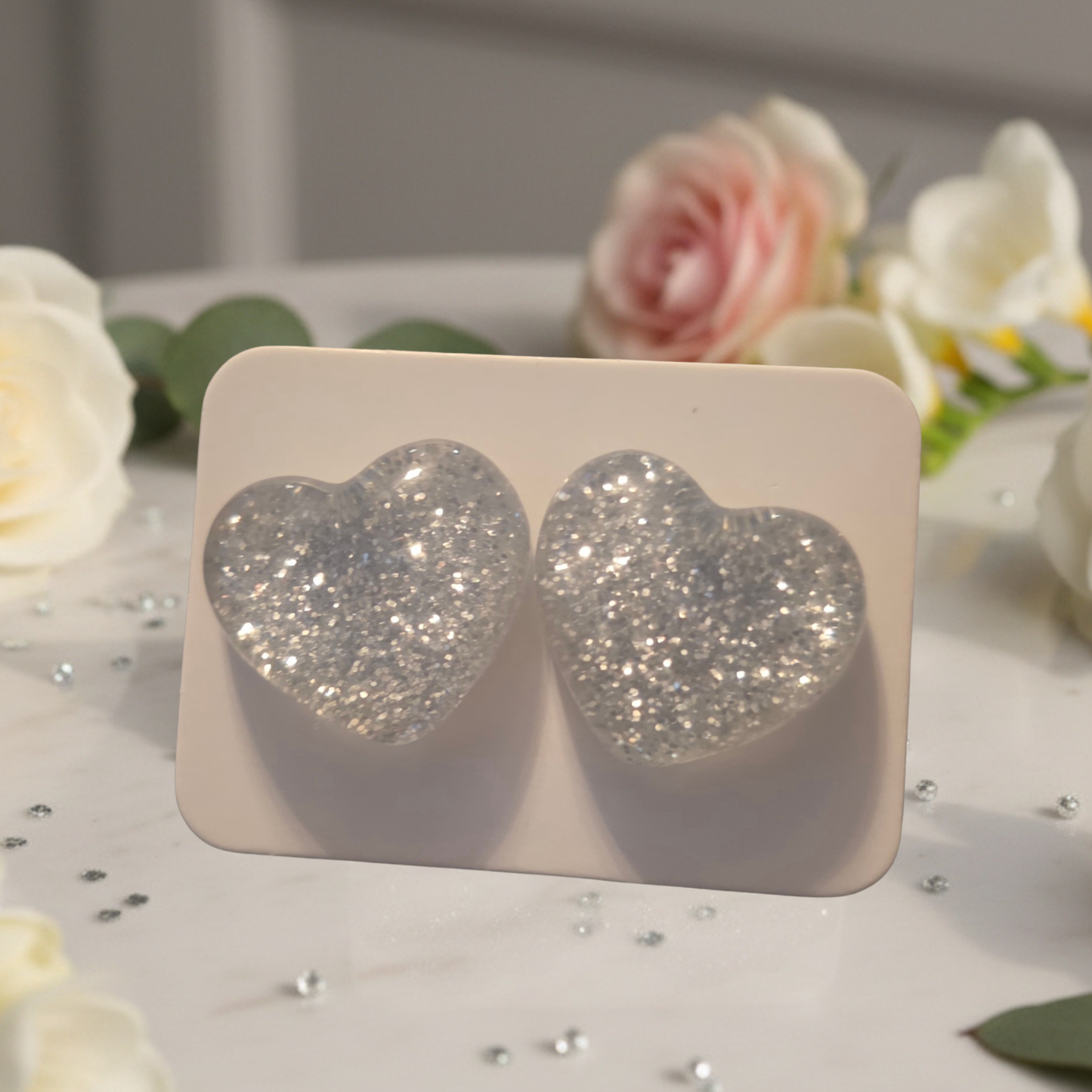 Silver Glitter Heart Earrings (16mm)