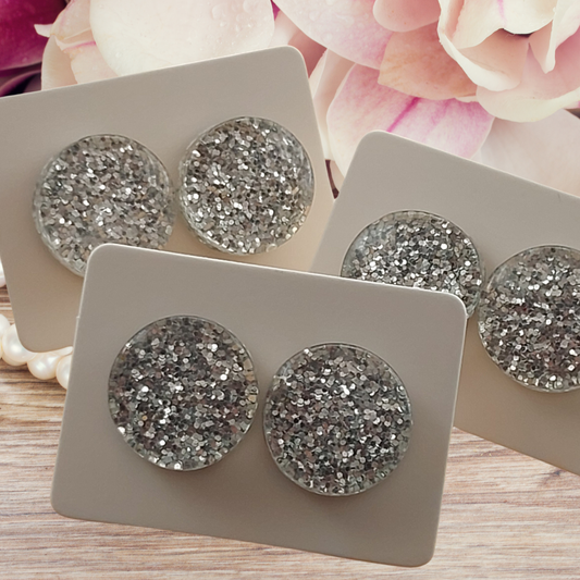 Silver Glitter Stud Earrings (15mm)