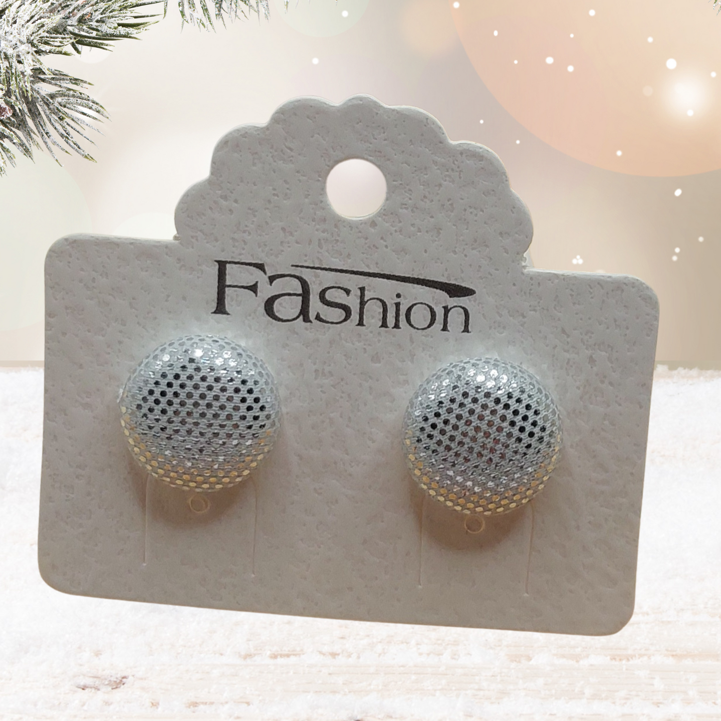 Silver Shimmer Fabric Button Stud Earrings (13mm)