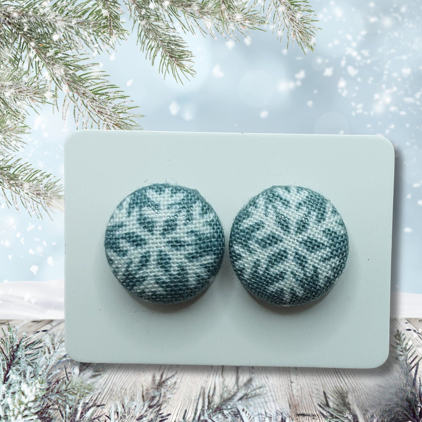 Snow Flurries Snowflake Fabric Button Stud Earrings (13mm)