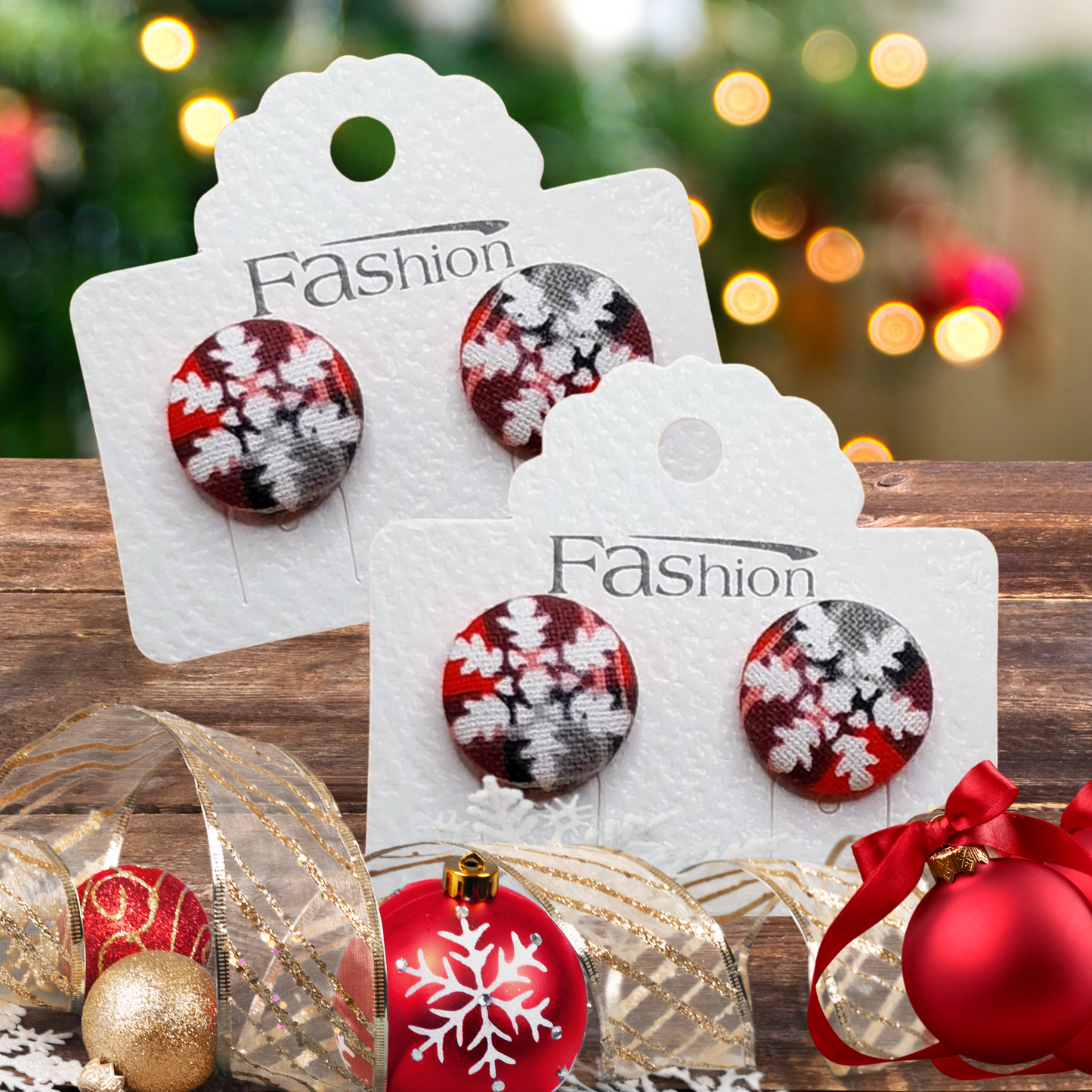 Snowflakes on Red Plaid Fabric Button Stud Earrings (16mm)