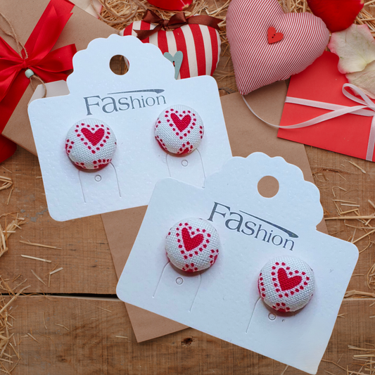 Stitched Hearts Fabric Button Stud Earrings (13mm)