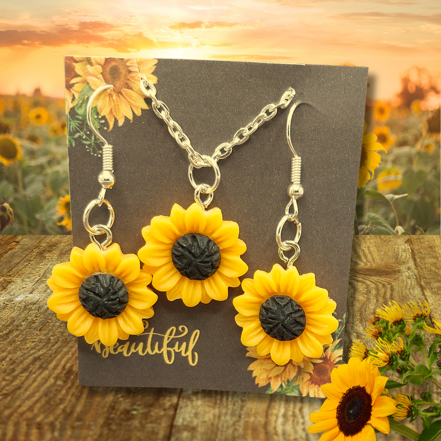 Hello Beautiful Sunflowers Necklace & Earring Set