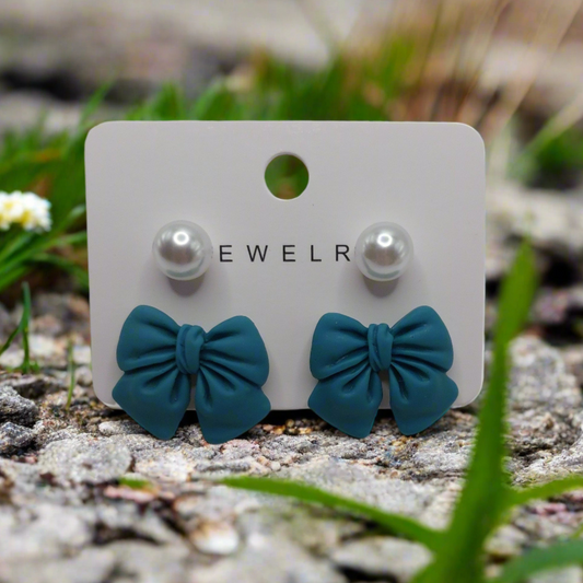 Teal Bows & Pearls Earrings