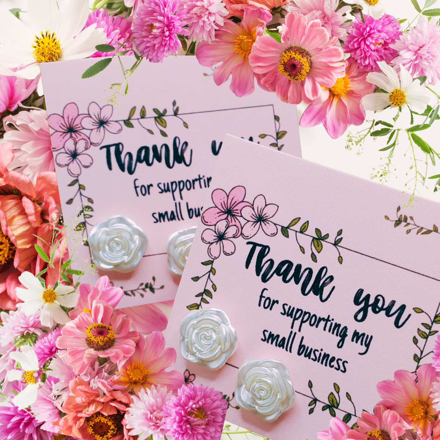 Thank You For Supporting My Small Business Card with 11mm Pearly Flower Earrings