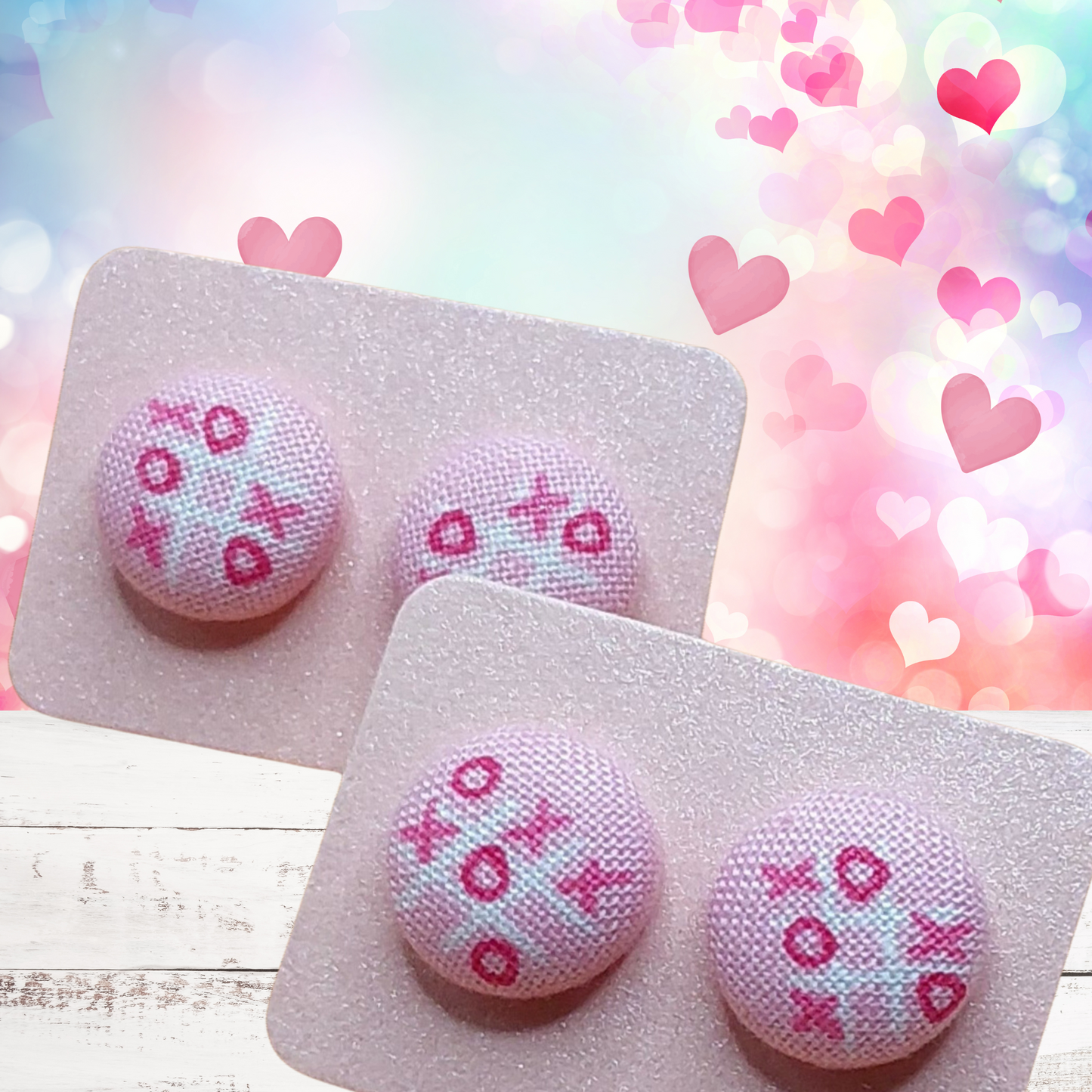 Tic-Tac-Toe Pink Fabric Button Stud Earrings (13mm)